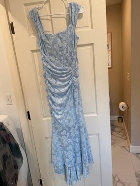 Light Blue Lace Ruching Corset High Low Dress